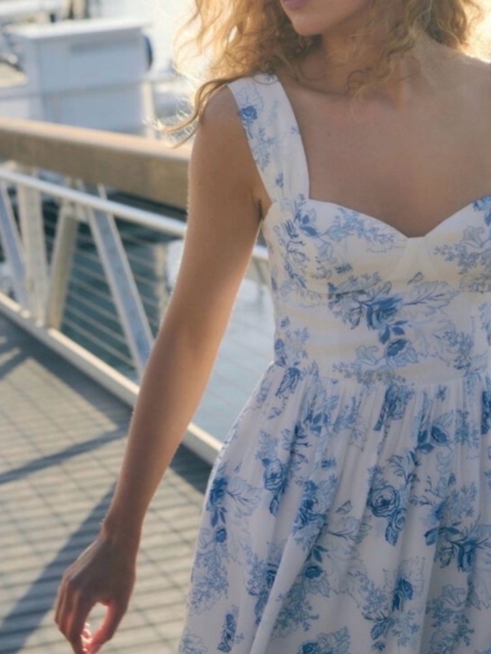 Dynamite Blue and White Floral sweetheart flare dress xl spring summer